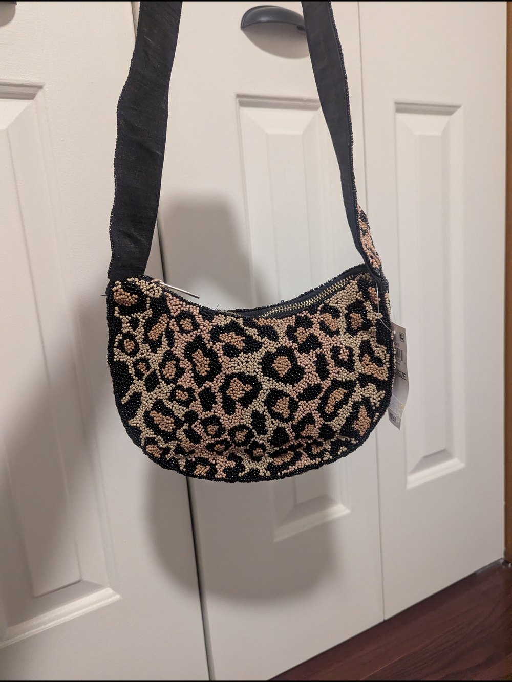 Leopard Beaded Shoulder Bag - Black & Tan
